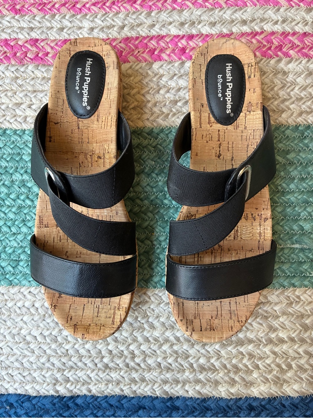 Hush Puppies Coco Black Cork Wedge Sandals Bounce Comfort Slide Size 8.5